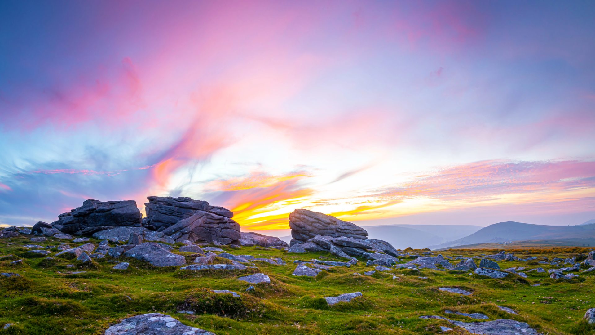Granite tors on Dartmoor at sunset