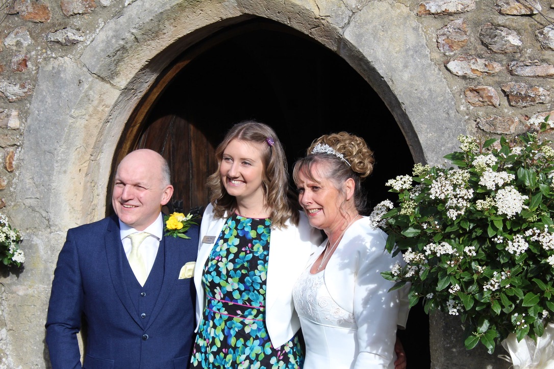 Julie Fox with Geoff and Jean at Lady Margaret's Medieval Hall, Honiton