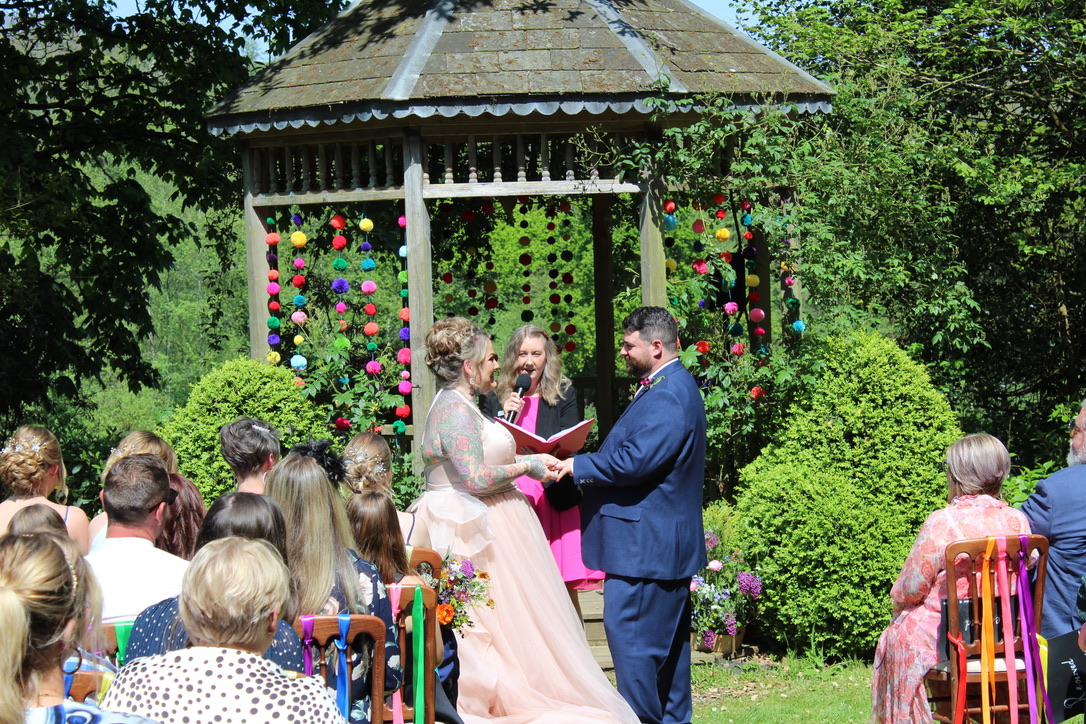 Katy and Jack's outdoor ceremony by the gazebo at Netherton Hall